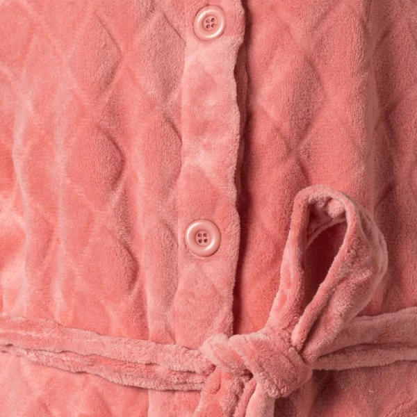 Cocodream dames badjas fleece doorknoop Schaduwruit zalm detail