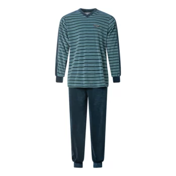 Gentlemen heren pyjama velours Fijnstreep V-hals marine - groen