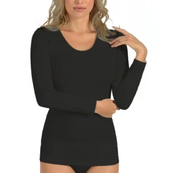 Entex dames shirt lange mouw 10% wol glad zwart