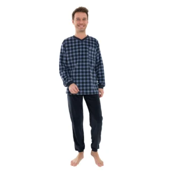 Outfitter heren pyjama velours fleece Checker blauw